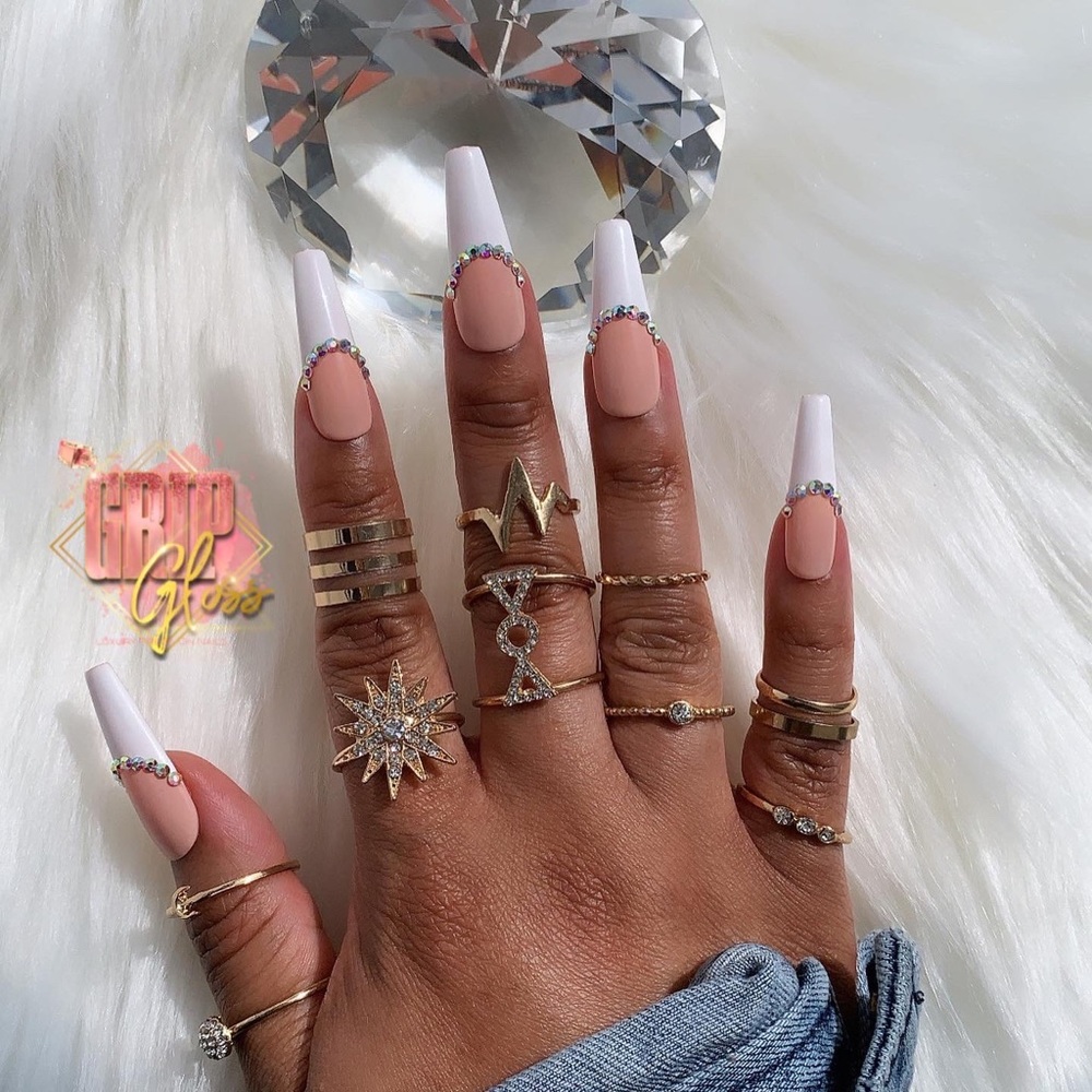 Bling French Tip handmade Press-On Nails